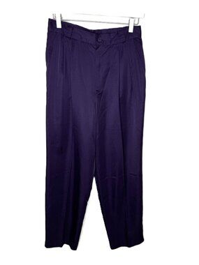 Vintage 80s Purple Satin High-Waisted Pleated Trousers, Size 10 Petite